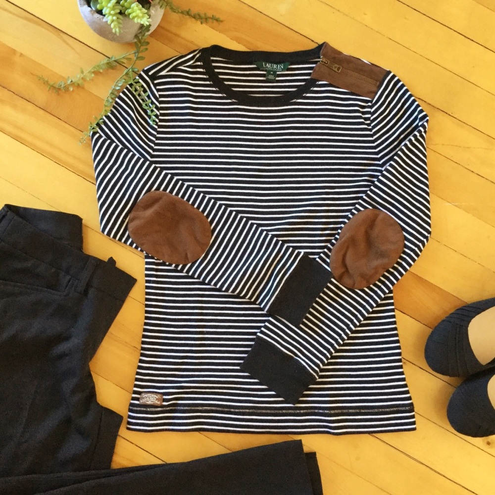 ⛔️SOLD⛔️ LRL Striped B&W Suede Elbow Patch Tee -M - Picture 1 of 8